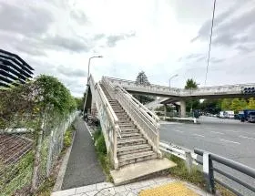 歩道橋で反対側に渡り、横断歩道まで直進する（渋谷駅方面）