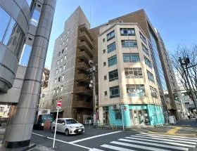 横断歩道の手前で左に曲がり、直進すれば当ビル着