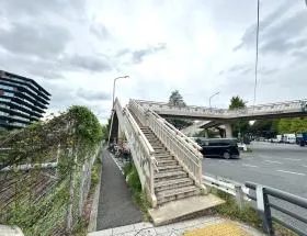 歩道橋で反対側に渡り、渋谷駅方面へ直進する（横断歩道まで）