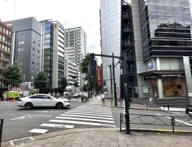 横断歩道を渡り直進すれば（次の横断歩道まで）当ビル着