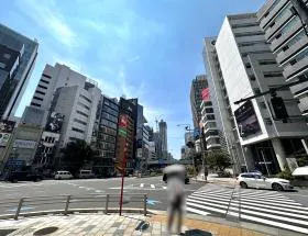 出入口の前にある横断歩道を渡り、青山通り沿いを直進する（渋谷駅方面）